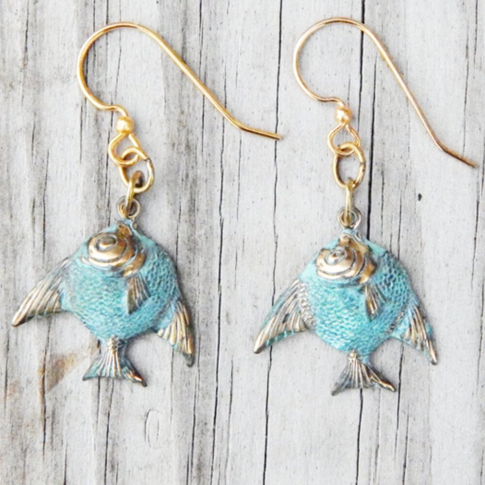 Elaine Coyne Collectible - VERDIGRIS PATINA BRASS TROPICAL FISH EARRINGS